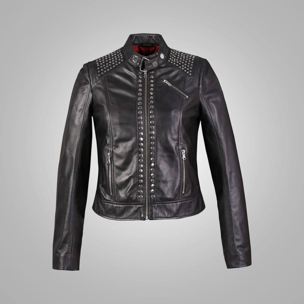 Women's High Fashion Genuine Leather Studded Motorcycle Leather Jacket