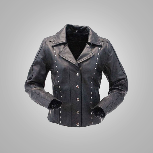 Women's Black Sheepskin Button Studded Leather Biker Jacket