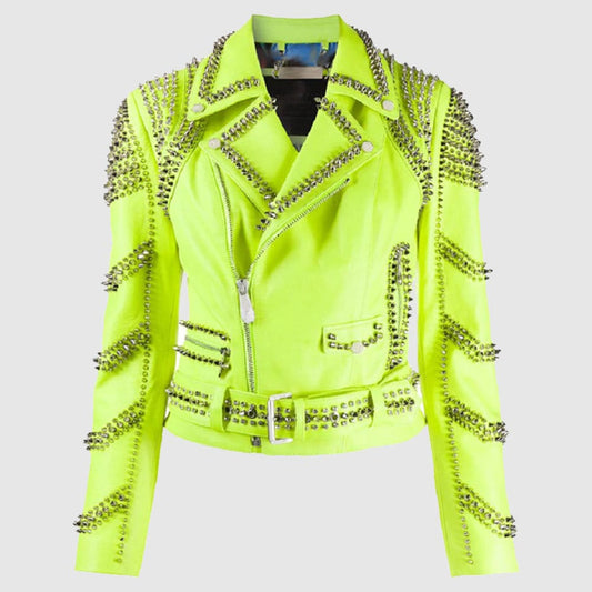New Women's Brando Green Spiked Leather Lapel Fastener Studded Biker Jacket