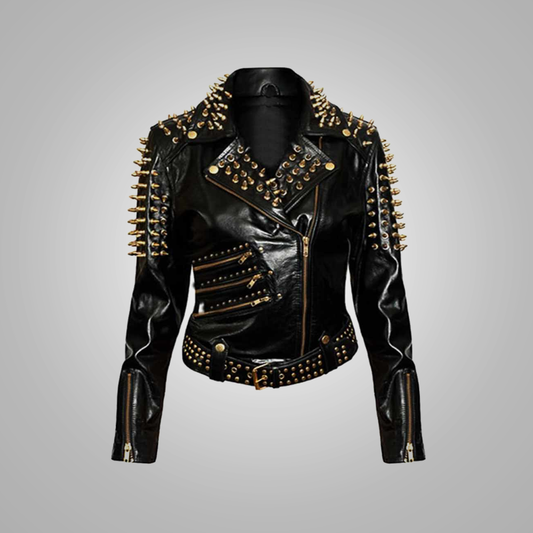 New Women's Black Gold Spiked Studded Motorcycle Biker Fashion Leather Jacket