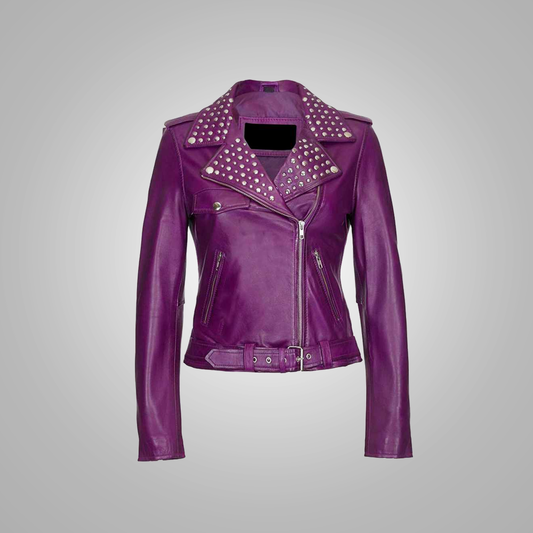 Women's Purple Motorcycle Leather Spiked Studded Biker Fashion Leather Jacket