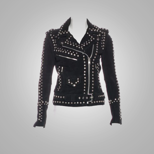 Women's Black Leather Motorcycle Spiked Studded Leather Jacket