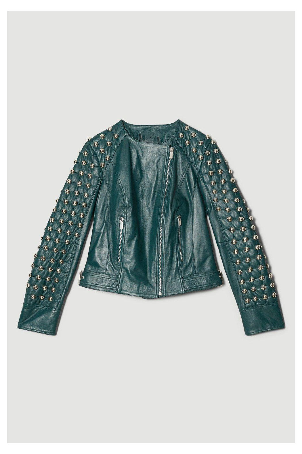Women's Style Silver Spiked Studded Motorcycle Leather Jacket With Green