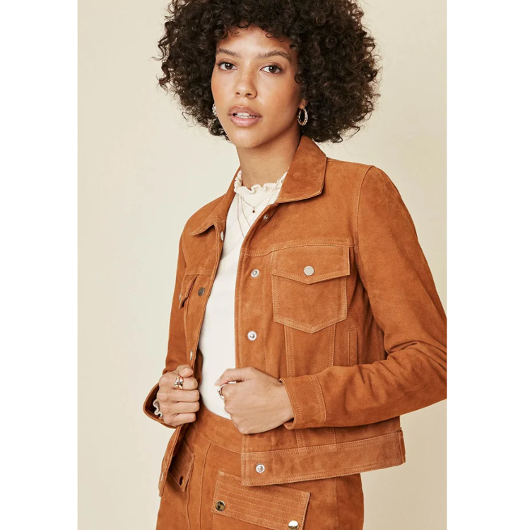 New Women’s Western Lambskin Tan Brown Suede Leather Trucker Jacket