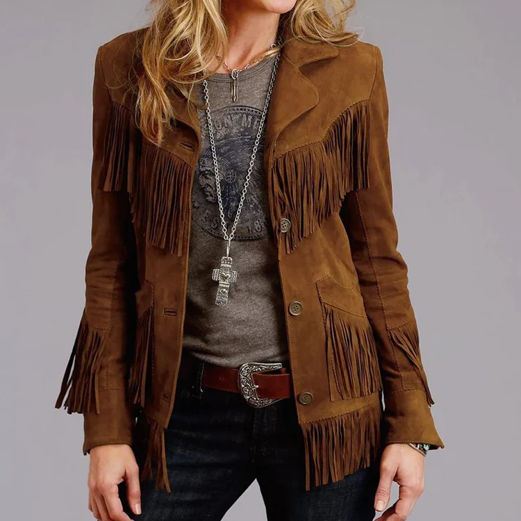 New Women Brown Suede Western Lambskin Leather Fringe Jacket