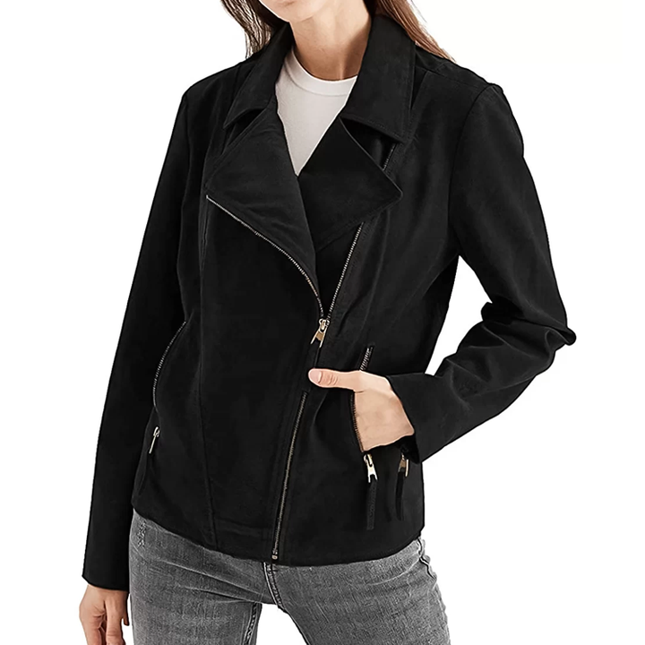 Women's black suede leather biker jacket with Western-inspired details