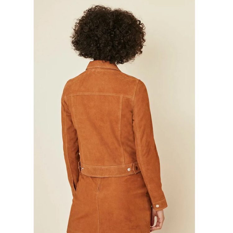 Women’s Western Lambskin Tan Brown Suede Leather Trucker Jacket
