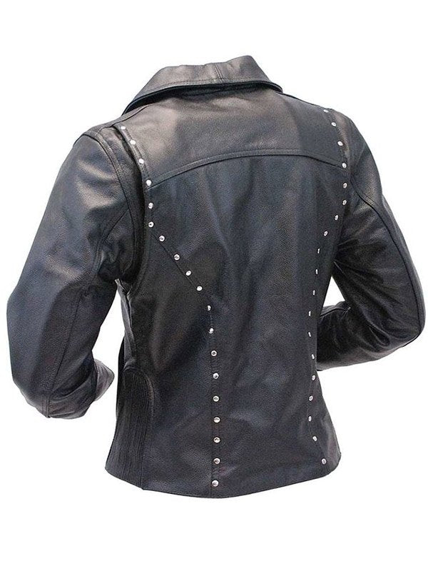 Womens Black Sheepskin Button Studded Leather Biker Jacket
