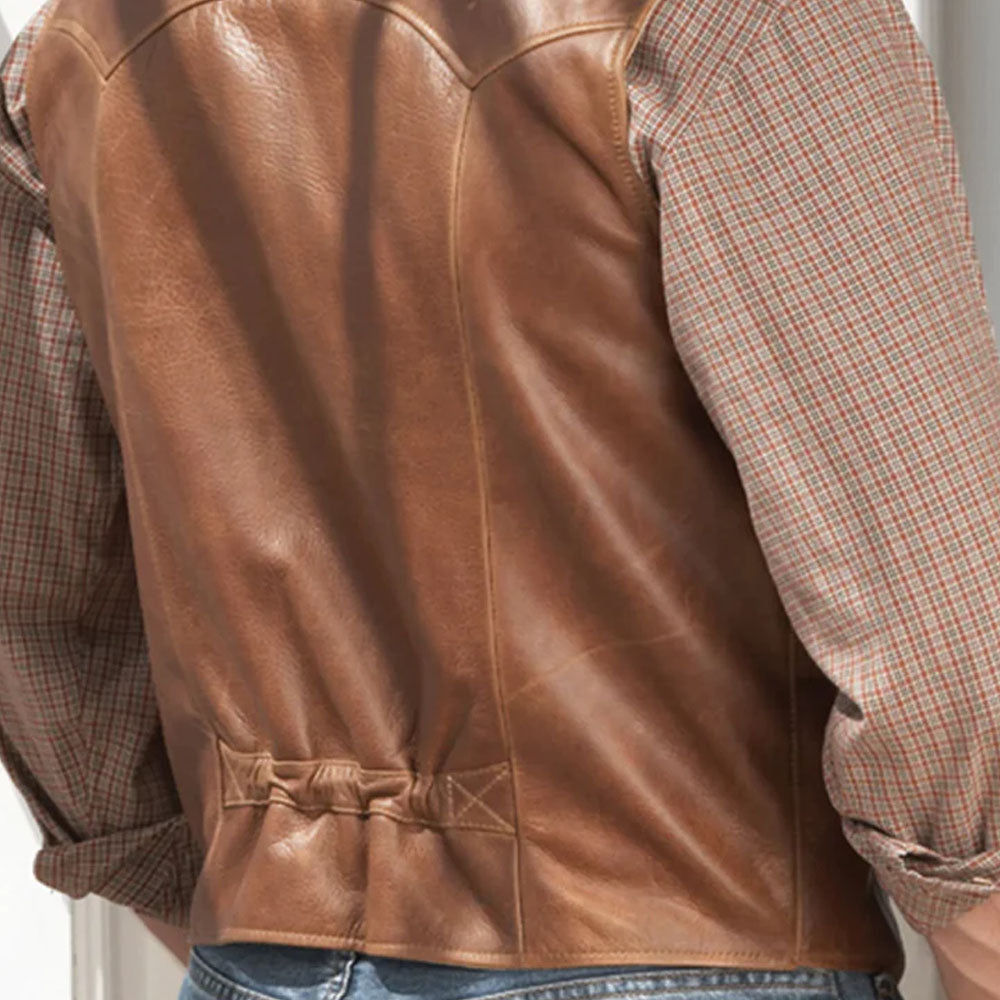 Rear lifestyle display of a man showcasing the straight-cut hem and tailored fit of the brown leather vest.
