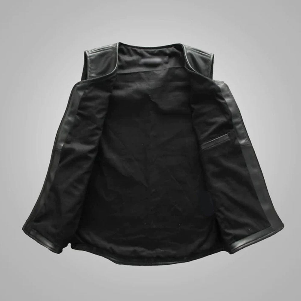 Open view of the black sheepskin cowboy leather vest, highlighting the smooth interior lining and inner pocket.