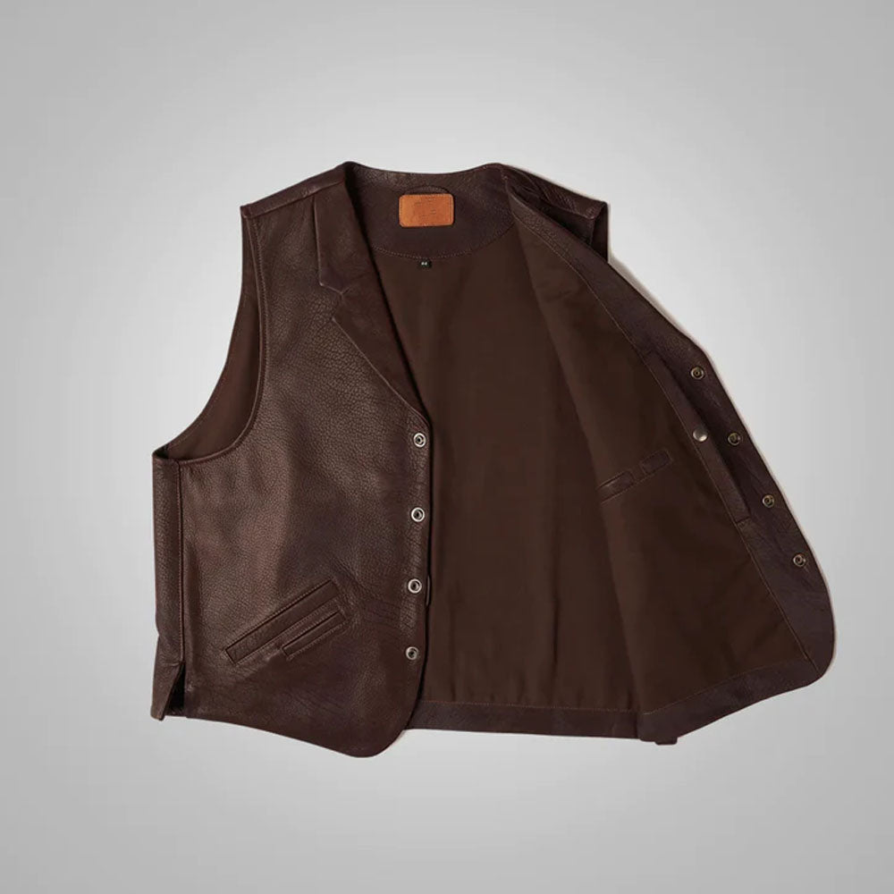 Open front view of the tobacco brown cowboy leather vest showing the smooth inner lining fabric.