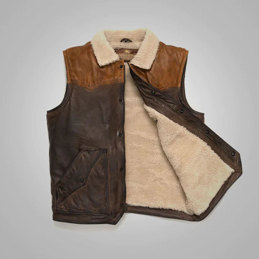 Open view of the double-face sheepskin leather vest showcasing the thick natural cream wool insulation lining.