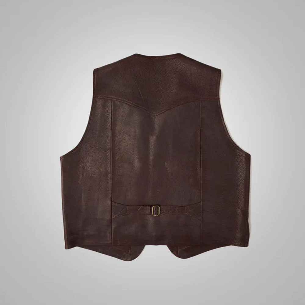 Rear view of the brown leather western riding vest showing the pointed cowboy yoke and adjustment strap.