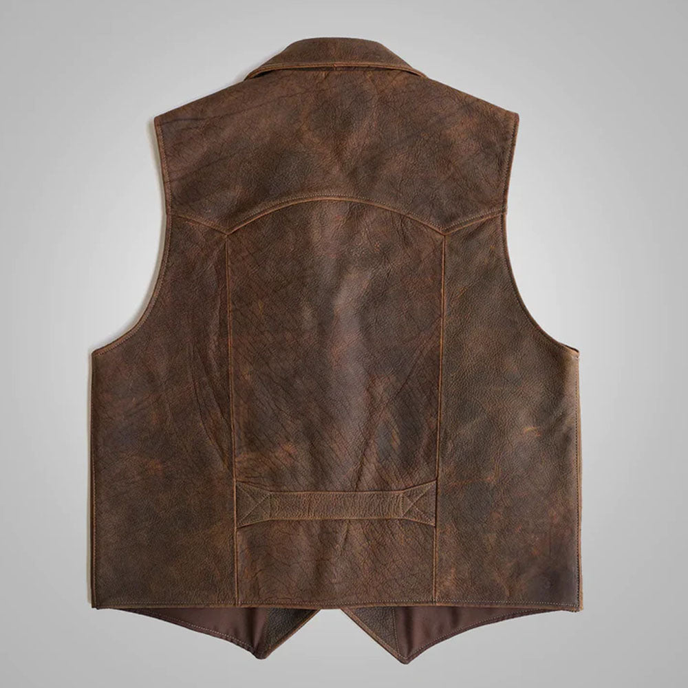 Rear view of the heritage brown sheepskin leather cowboy waistcoat showing the clean seamless back.