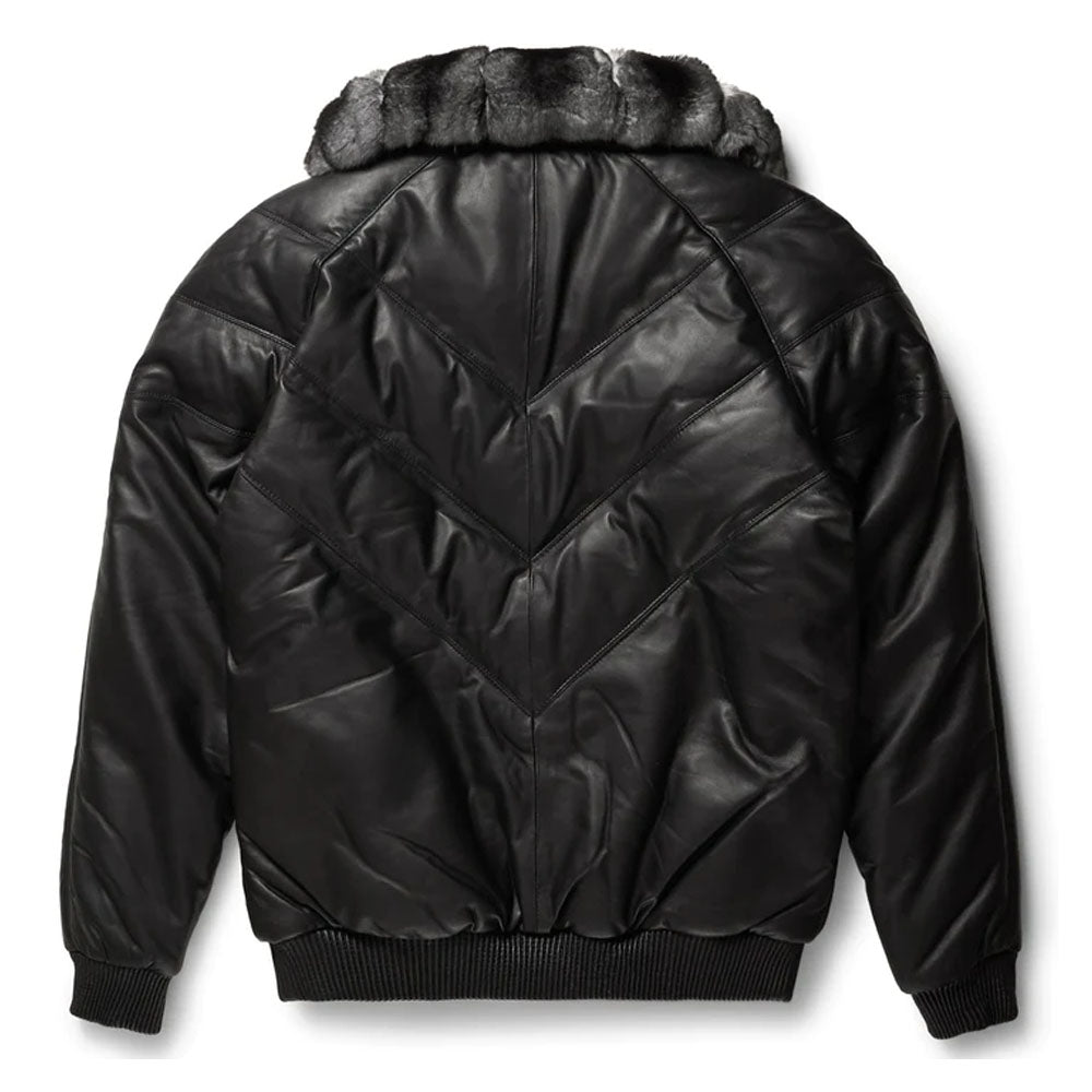 Rear profile view of the black leather V-bomber down puffer coat showcasing the classic quilted chevron bubble pattern.