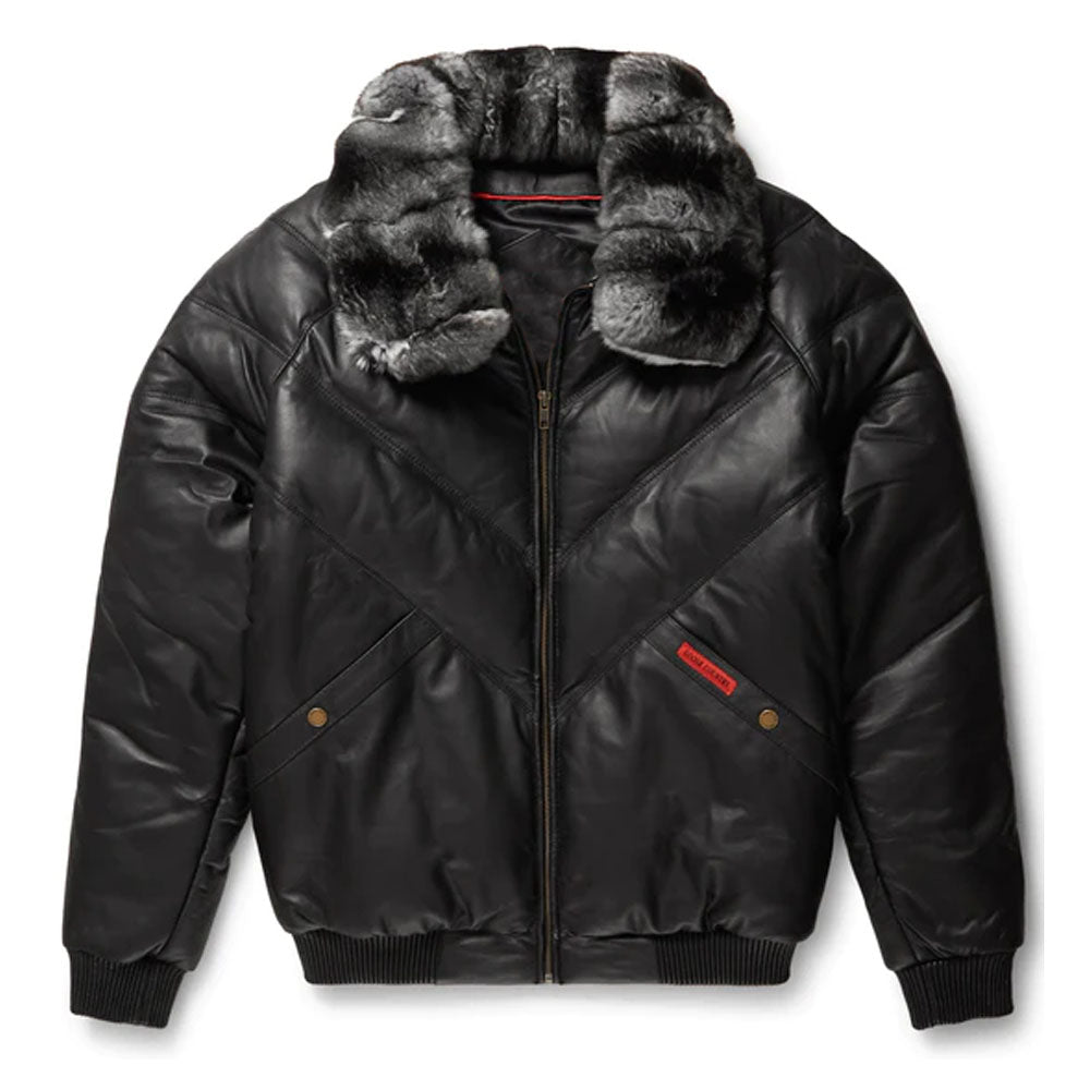 Front view of the men's black lambskin leather V-bomber jacket displaying the central zip closure and two-tone fox fur collar.