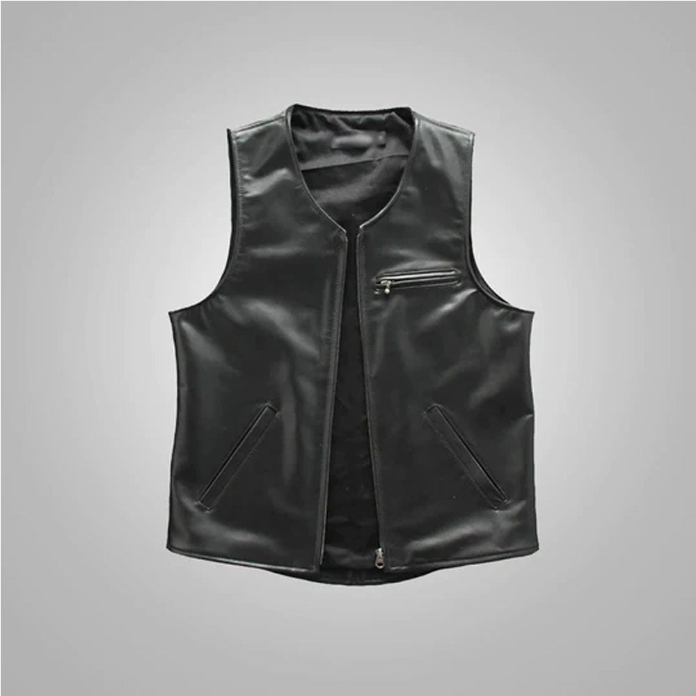 Front profile view of the men's black sheepskin cowboy genuine leather vest showcasing the 4-button closure.