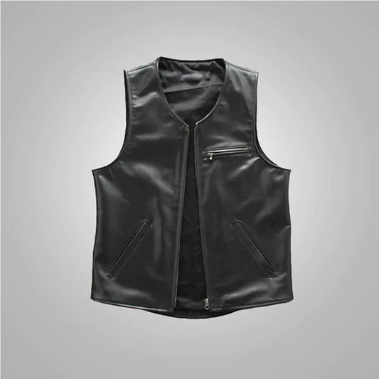 Front profile view of the men's black sheepskin cowboy genuine leather vest showcasing the 4-button closure.