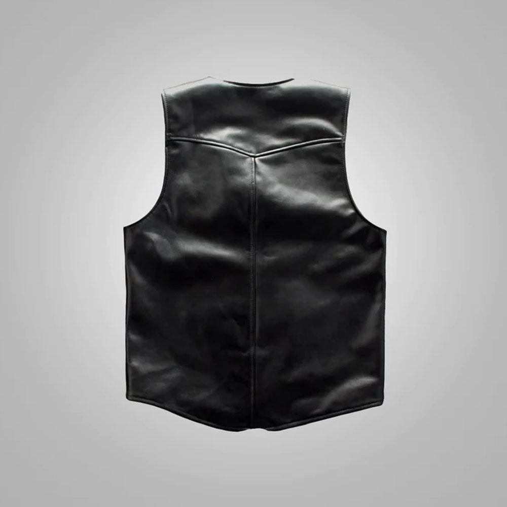 Rear profile of the men's black sheepskin riding leather waistcoat showing the clean seamless back panels.