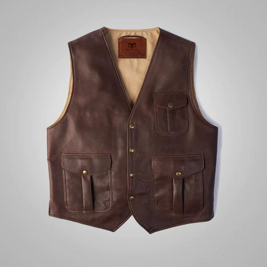 Front view of the men's brown multi-pocket style buckskin leather vest showcasing the V-neck profile and tactical snap pockets.