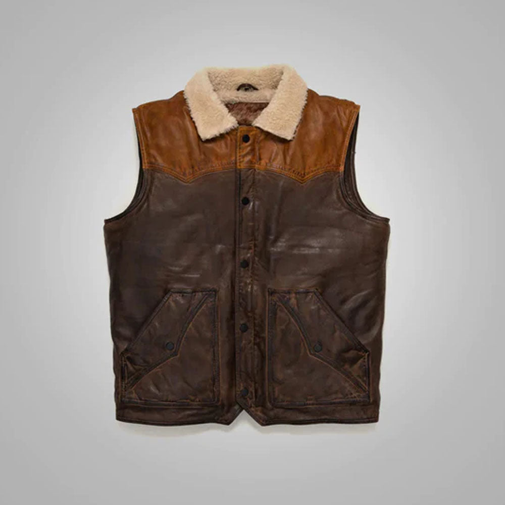 Front view of the men's brown nappa shearling leather cowboy vest featuring an asymmetrical silver zipper track.