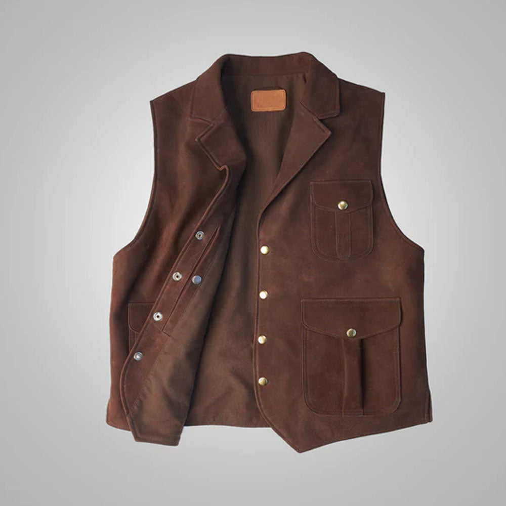 Front view of the men's brown reversible multi-pocket leather vest showing the zippered chest pocket.