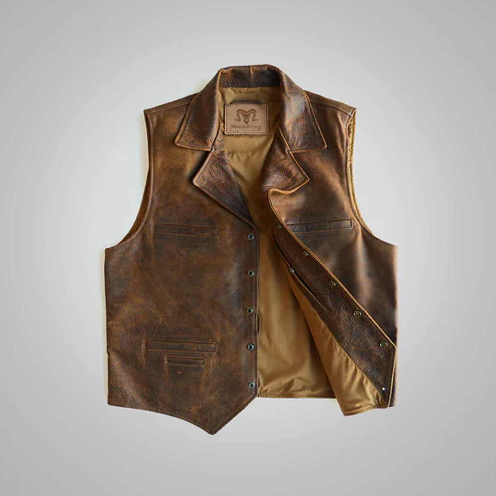 Front view of the men's brown sheepskin leather cowboy vest featuring a V-neck cut and snap buttons.