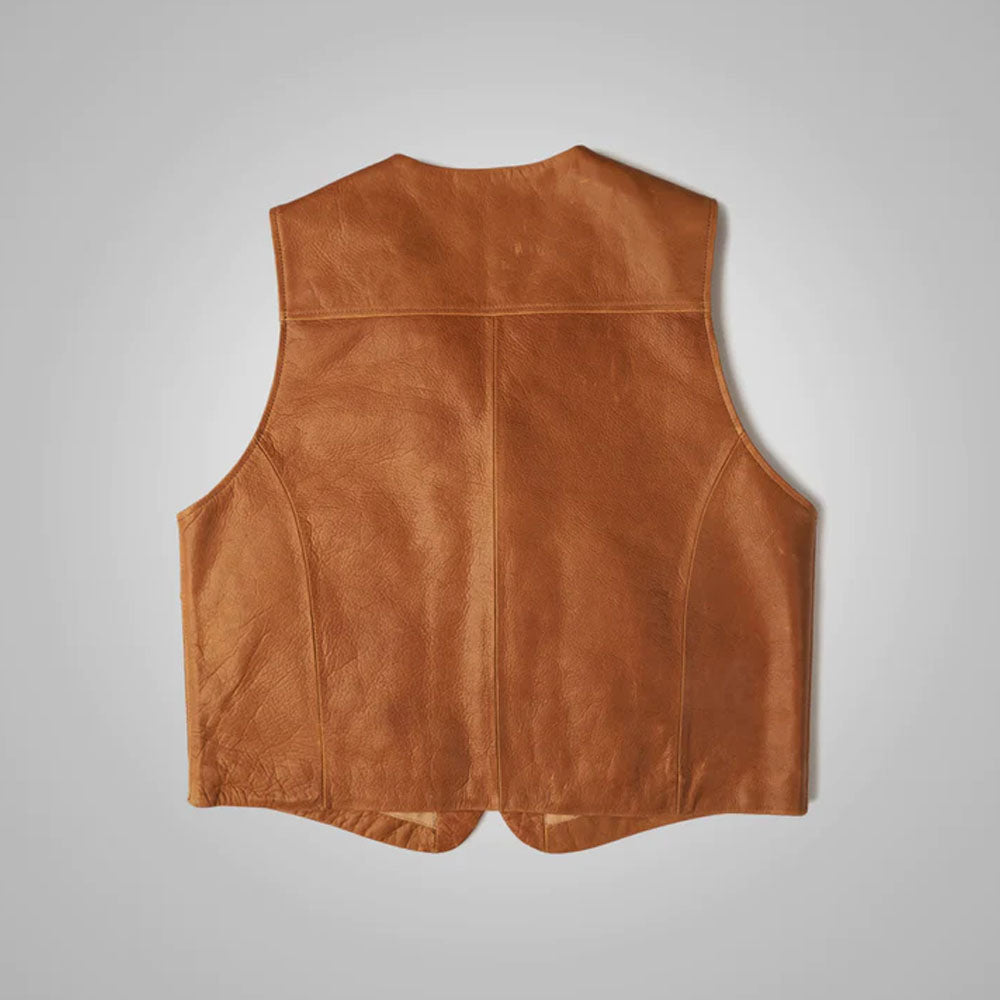 Rear view of the men's brown sheepskin leather Western cowboy vest, highlighting the clean panels and sharp pointed hem.