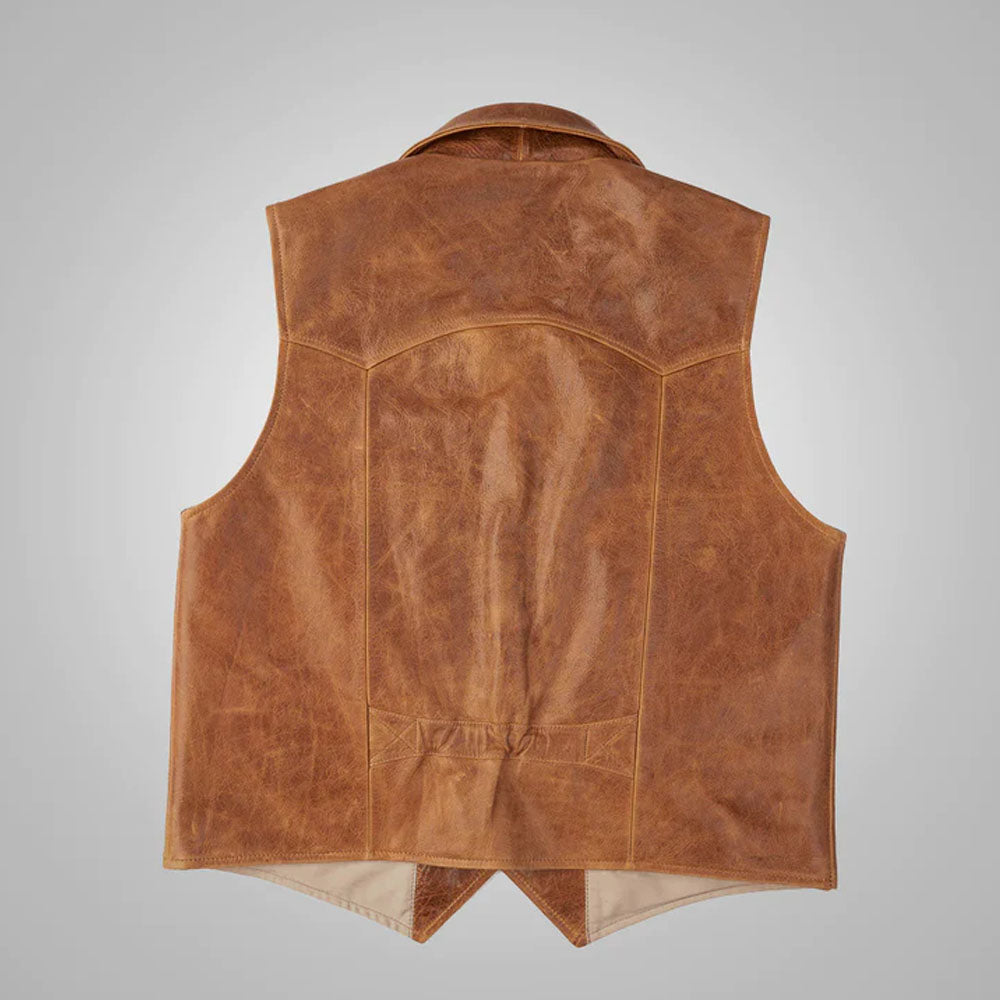Straight rear profile of the men's brown western cowboy leather vest showing the clean seamless back design.