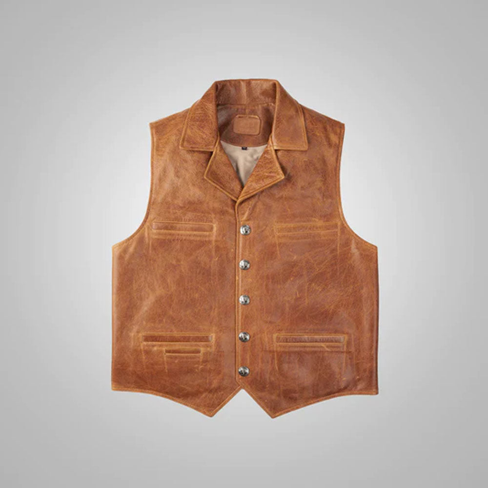 Front view of the men's brown western cowboy leather vest featuring snap buttons and lower single-welt pockets.