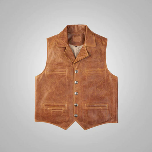 Front view of the men's brown western cowboy leather vest featuring snap buttons and lower single-welt pockets.