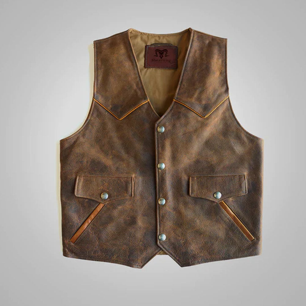 Front view of the men's distressed brown western cowboy leather vest showing the 5-button snap closure.