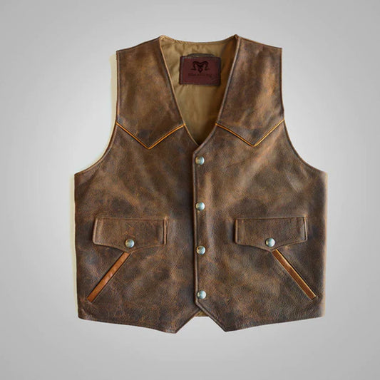 Front view of the men's distressed brown western cowboy leather vest showing the 5-button snap closure.