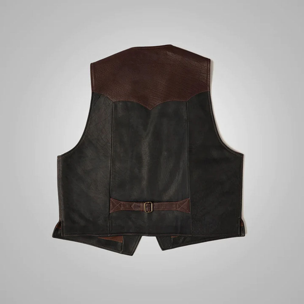 Rear view of the two-tone buffalo leather vest showing the clean panel layout.