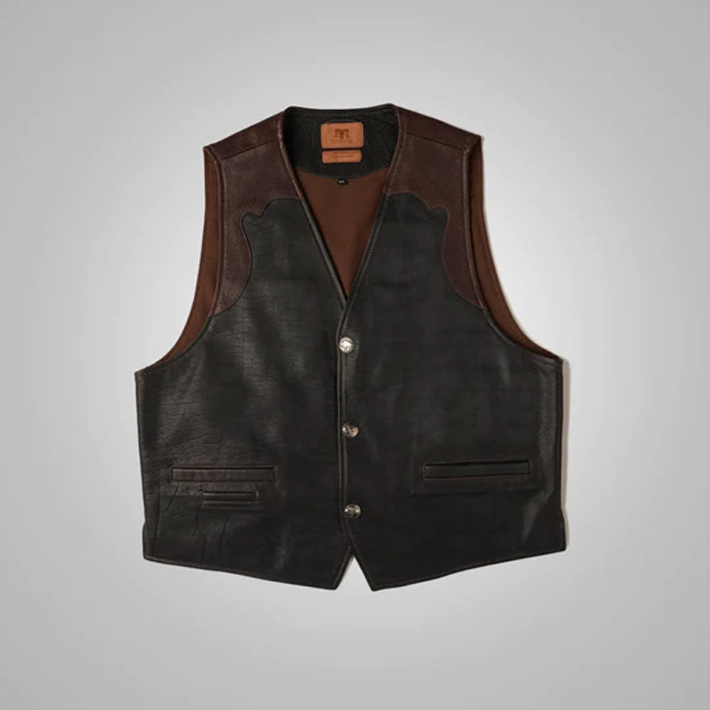 Front view of the men's multi-color black and brown buffalo leather vest showing the contrast panels and button-flap pockets.