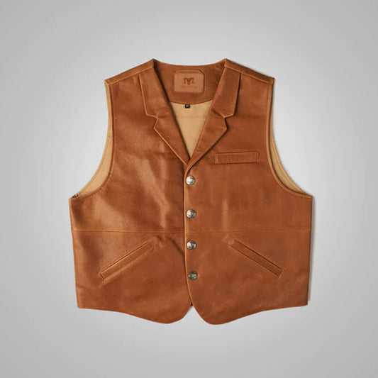 Front view of the men's vintage brown sheepskin leather cowboy vest showing notched lapels and antique snap buttons.