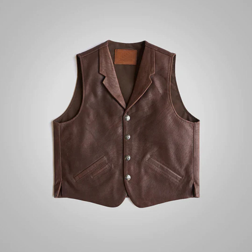 Front view of the men's western style brown leather vest with notched lapels and snap buttons.