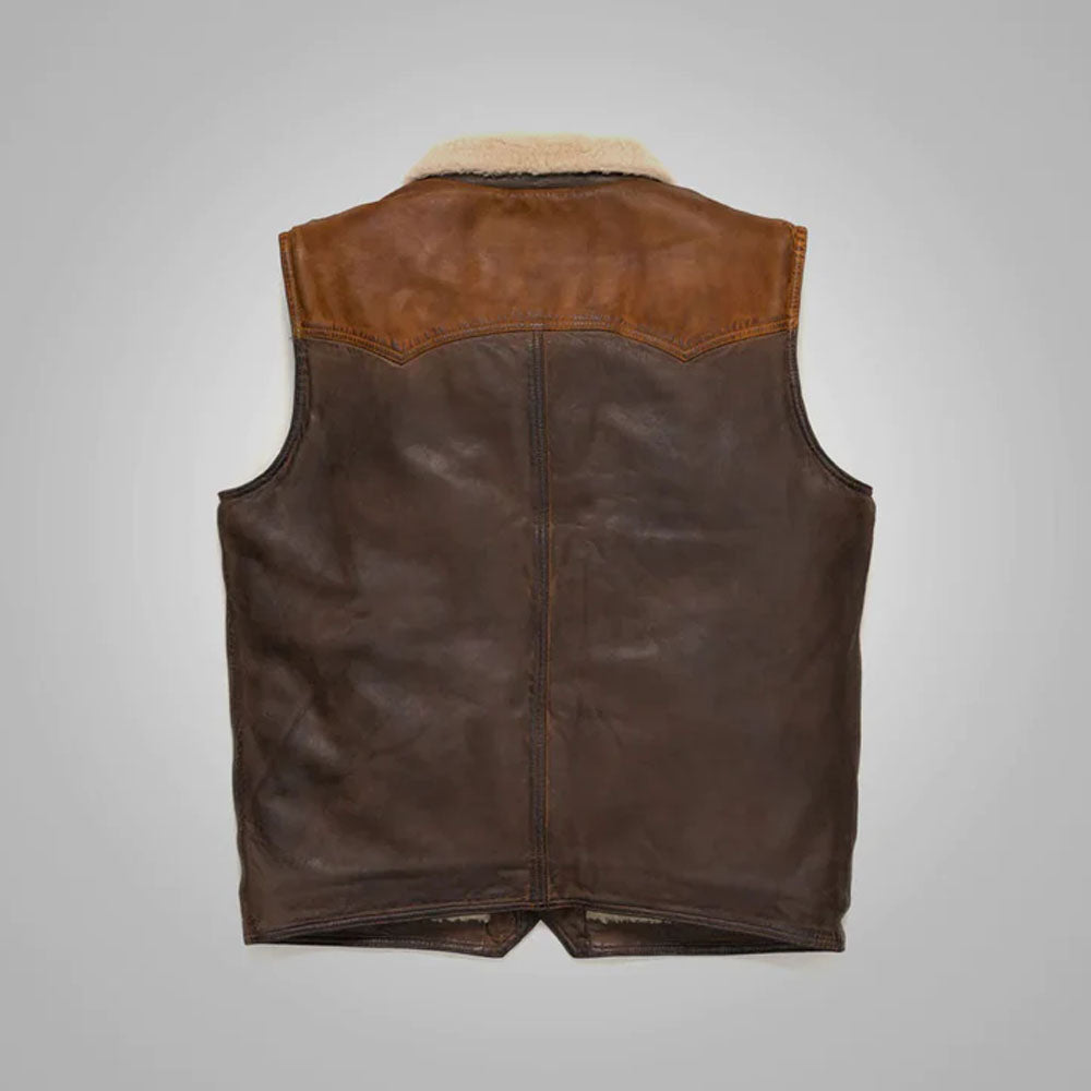 Rear view of the nappa finish shearling riding waistcoat, highlighting the solid back panel and wool trims.