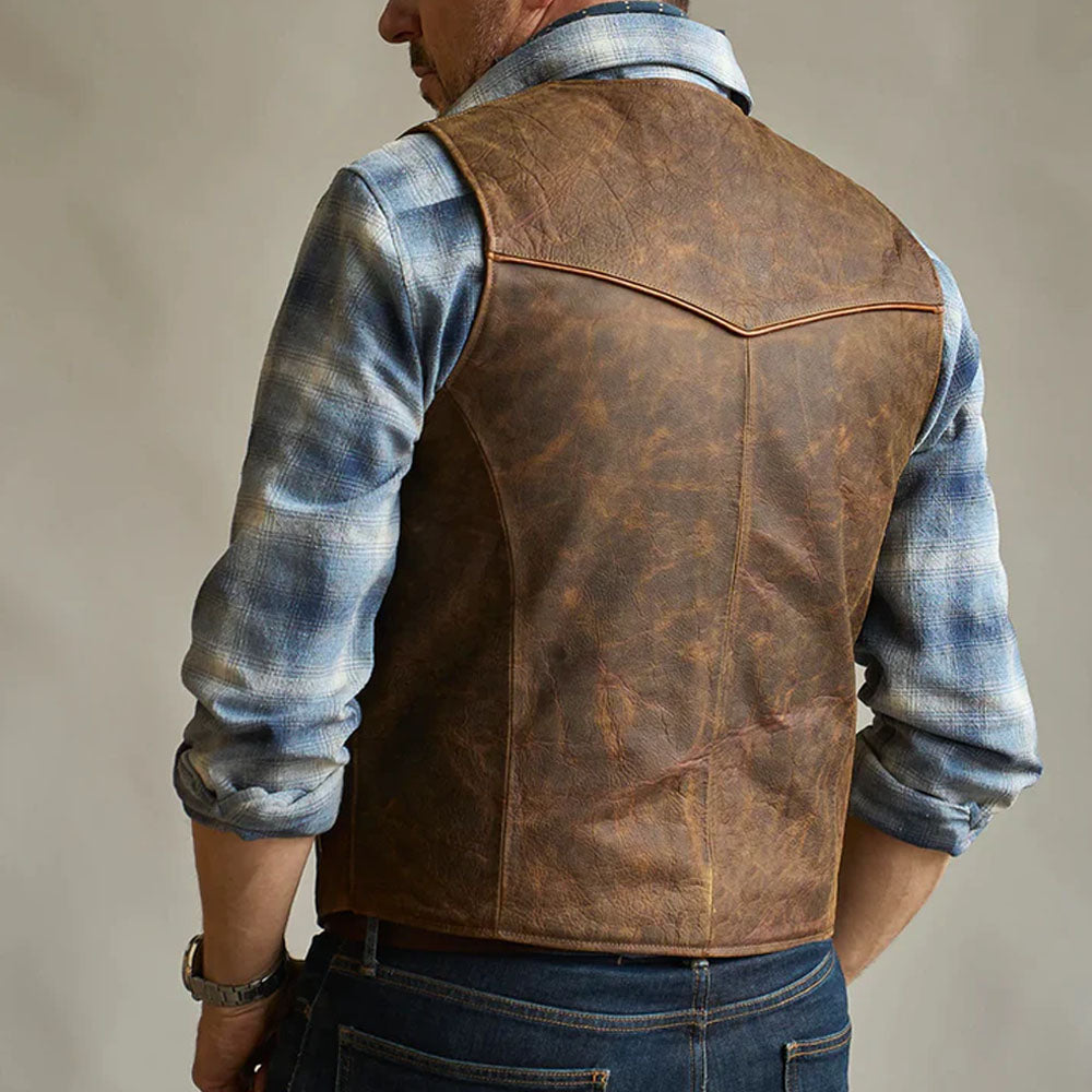 Rear view of the outlaw frontier distressed leather biker vest showcasing the multi-paneled pointed yokes.