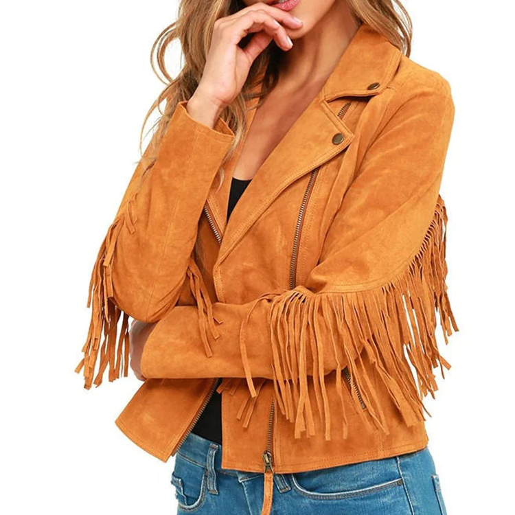 Women's Pure Brown Western Genuine Cowboy Suede Leather Fringed Jacket