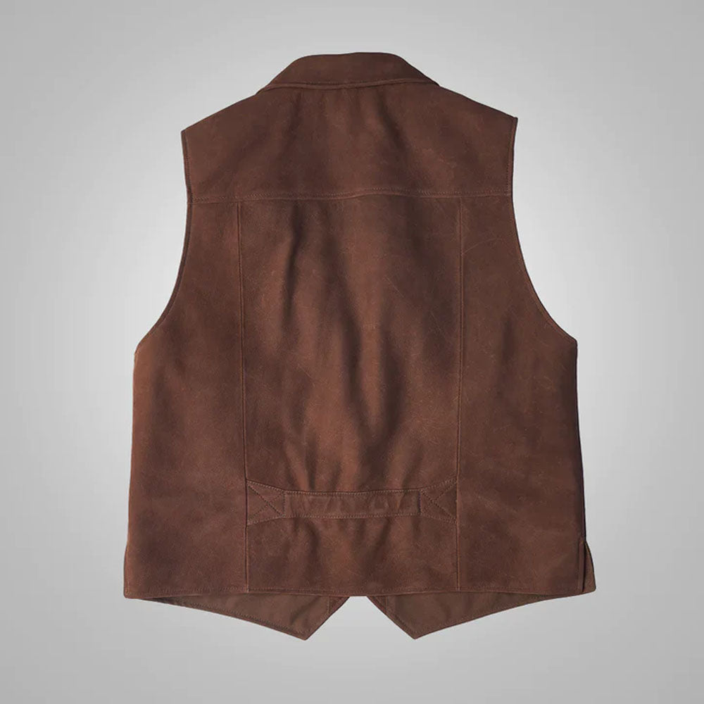 Rear view of the rugged brown multi-pocket leather riding vest, highlighting the clean shoulder panels.