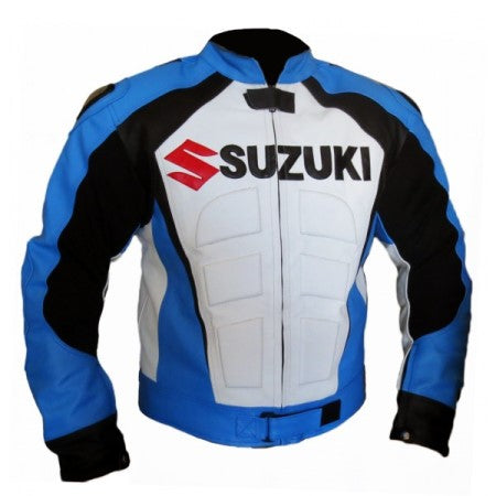 New Men Black and White Blue Suzuki Motorcycle Racing Leather Jacket