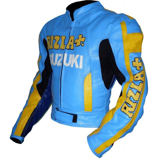 New Men Blue Suzuki Motorbike Rizla Leather Riding Jacket
