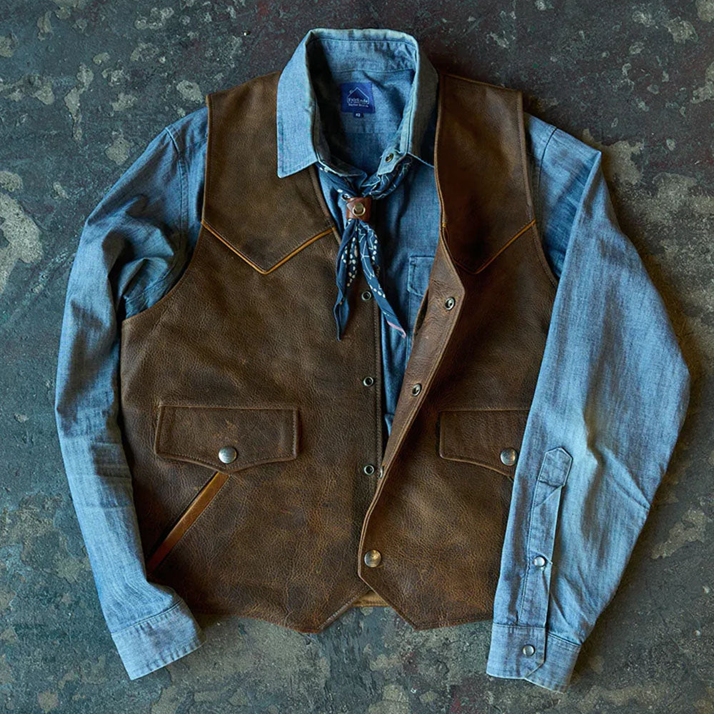 Open front view of the vintage brown leather cowboy vest, highlighting the smooth interior fabric lining.