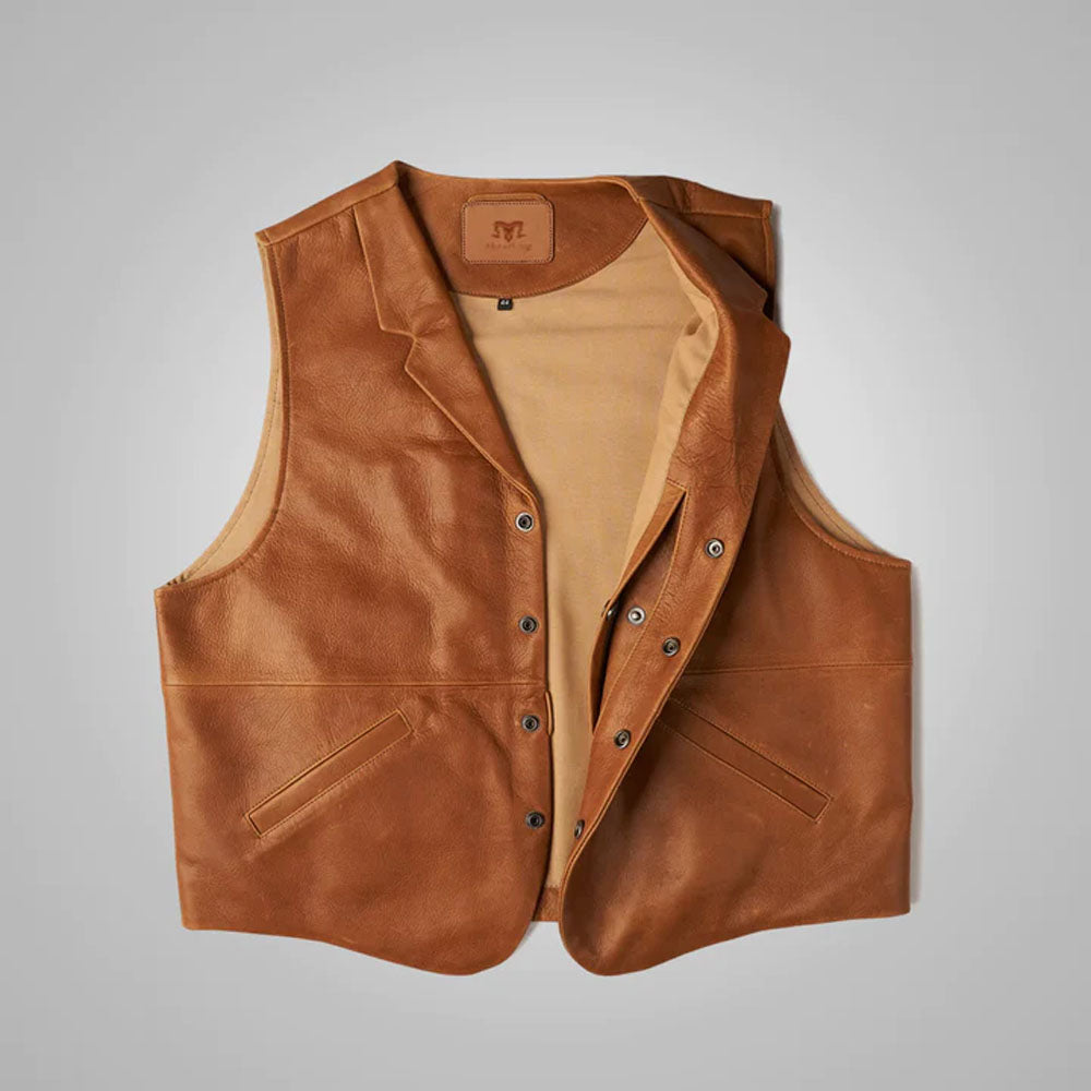 Open front display of the brown sheepskin Western leather vest showcasing the smooth beige interior lining fabric.
